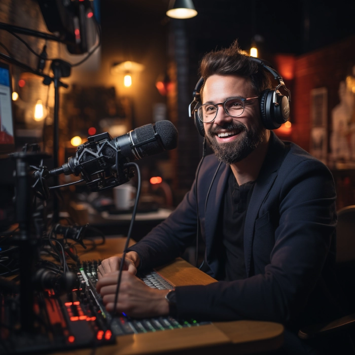 a man recording his successful podcast